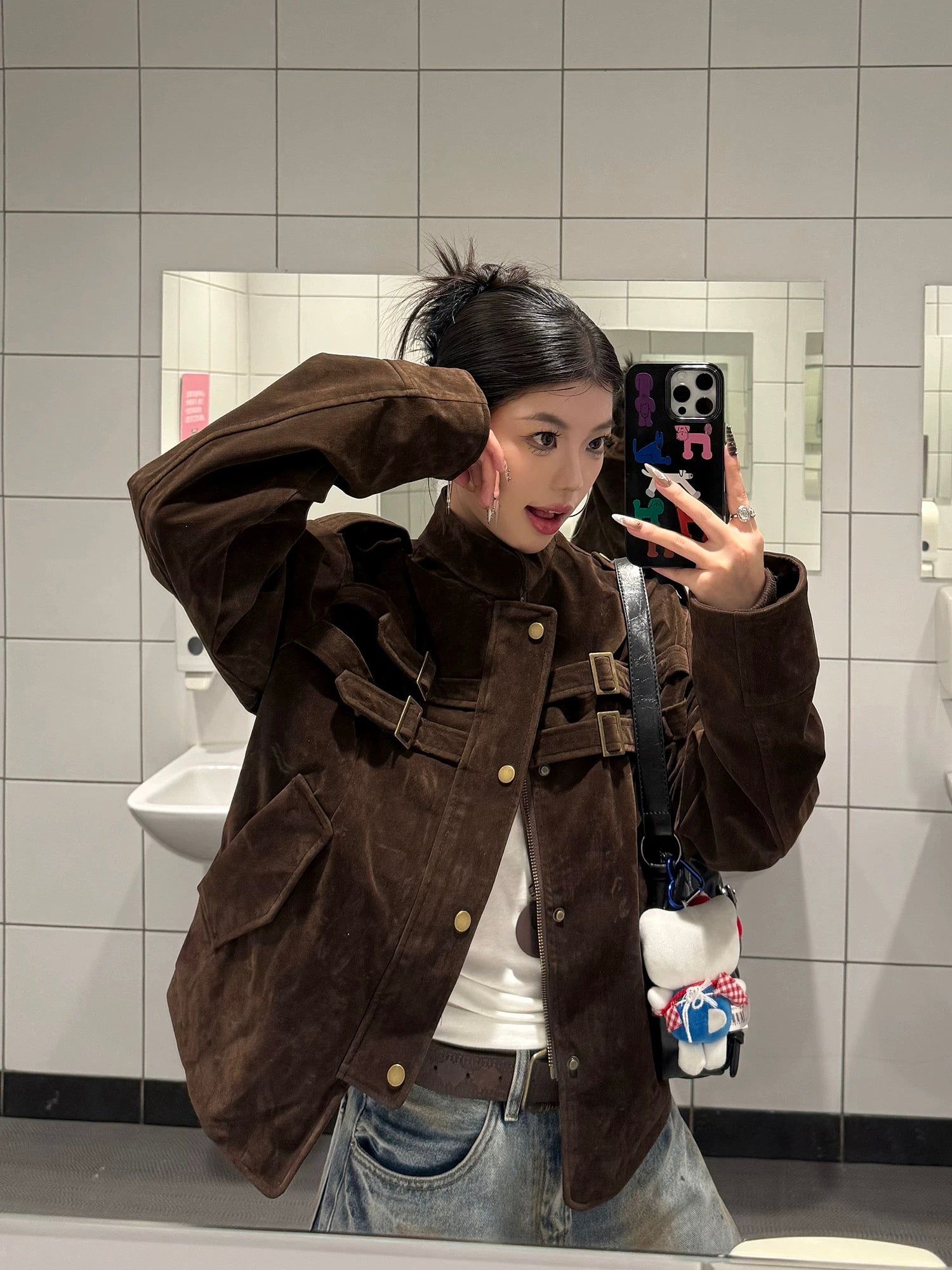 KOIISLE Faux Suede Buckle Zip Jacket
