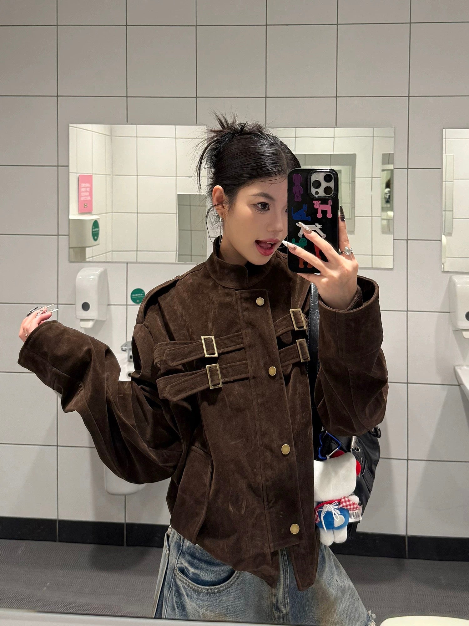KOIISLE Faux Suede Buckle Zip Jacket