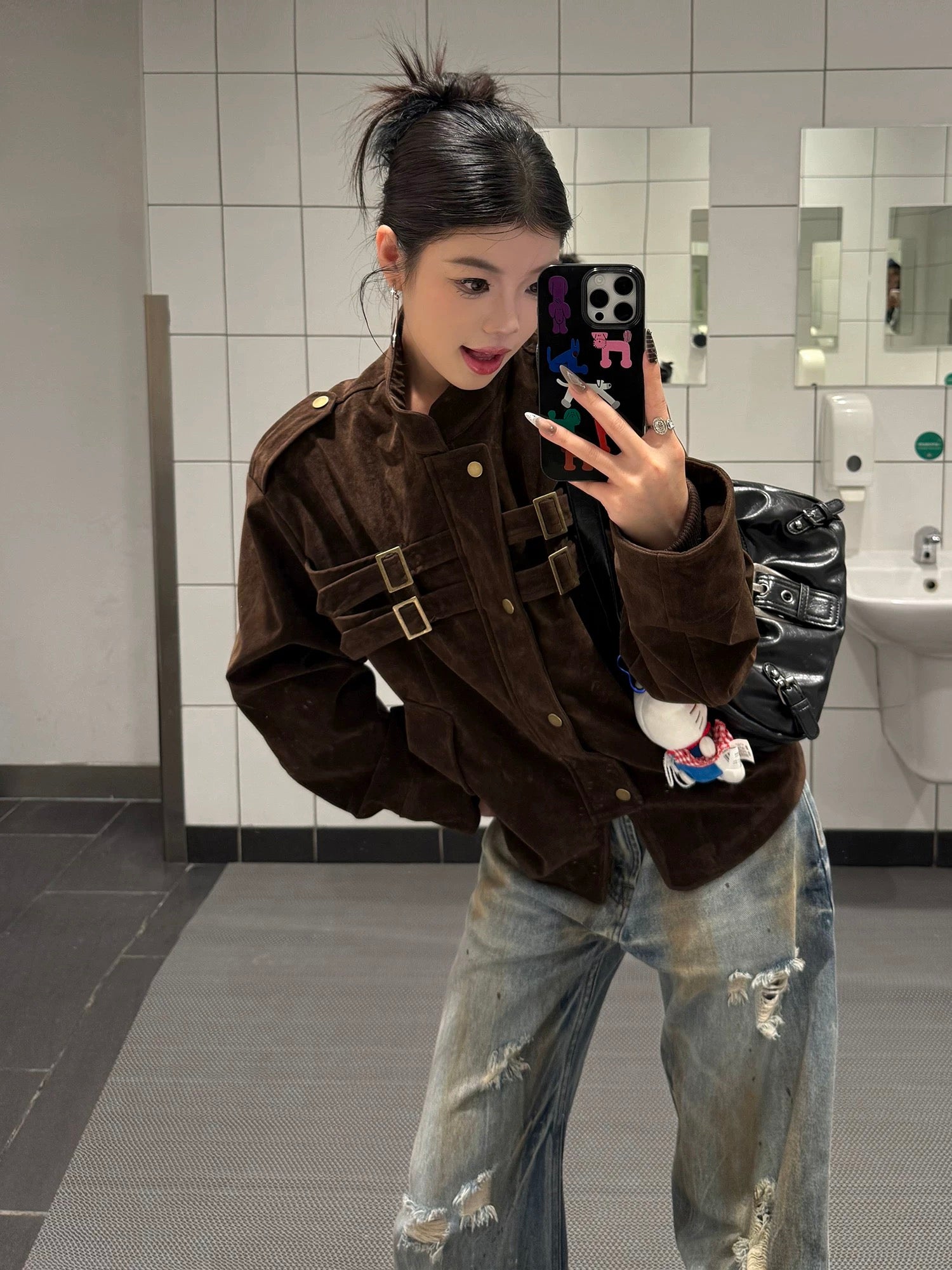 KOIISLE Faux Suede Buckle Zip Jacket