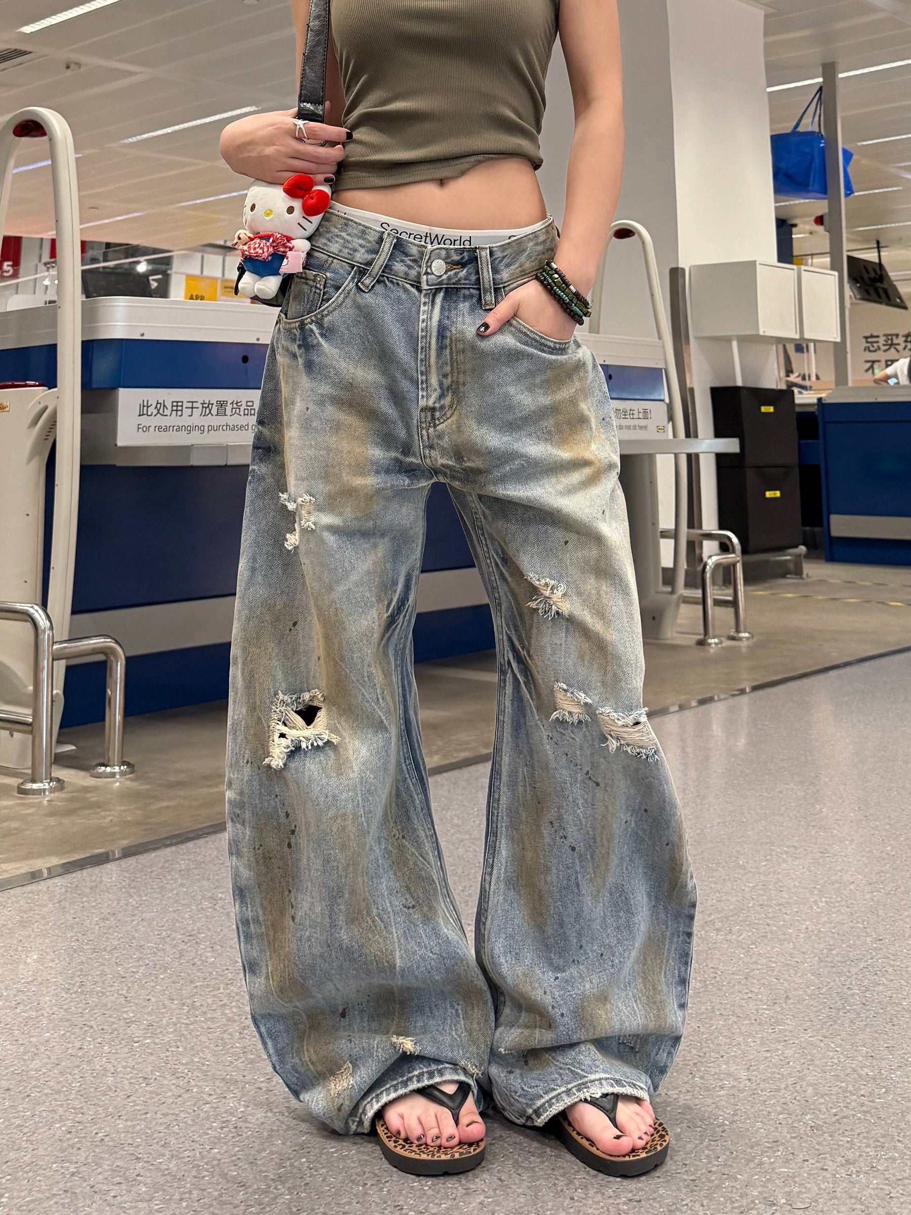 KOIISLE Distressed Dirty Wash Wide Leg Jeans – High-Waisted Loose Fit Denim