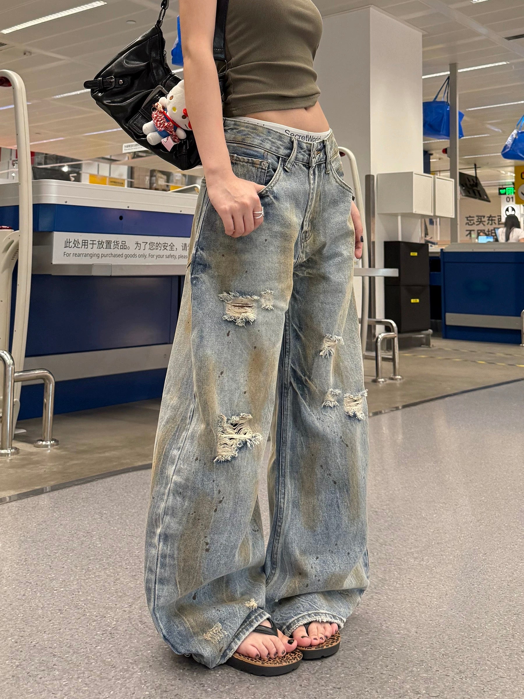 KOIISLE Distressed Dirty Wash Wide Leg Jeans – High-Waisted Loose Fit Denim