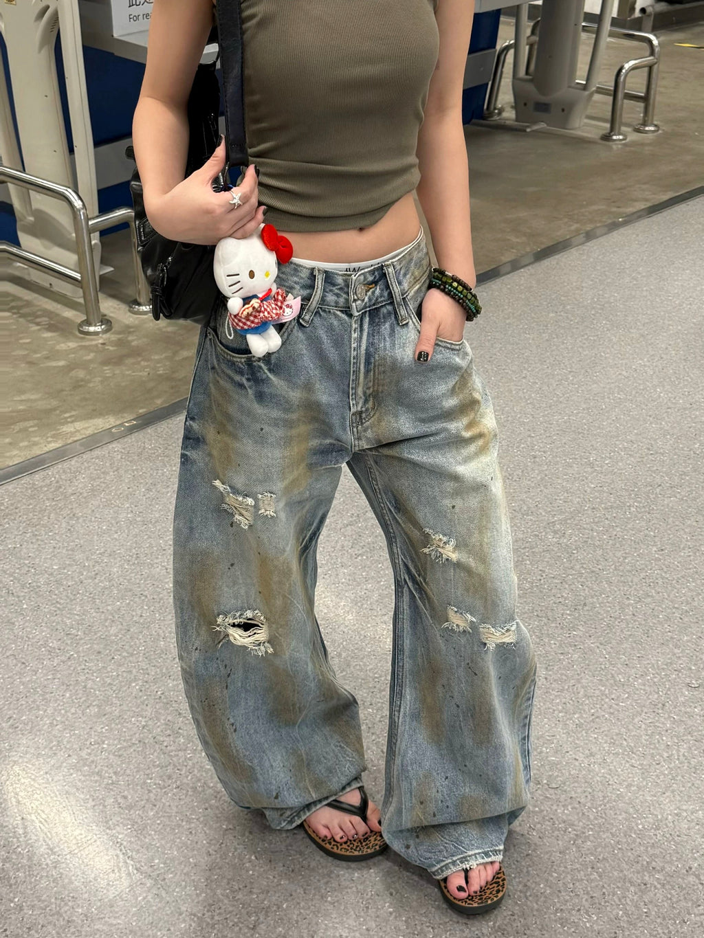 KOIISLE Distressed Dirty Wash Wide Leg Jeans – High-Waisted Loose Fit Denim