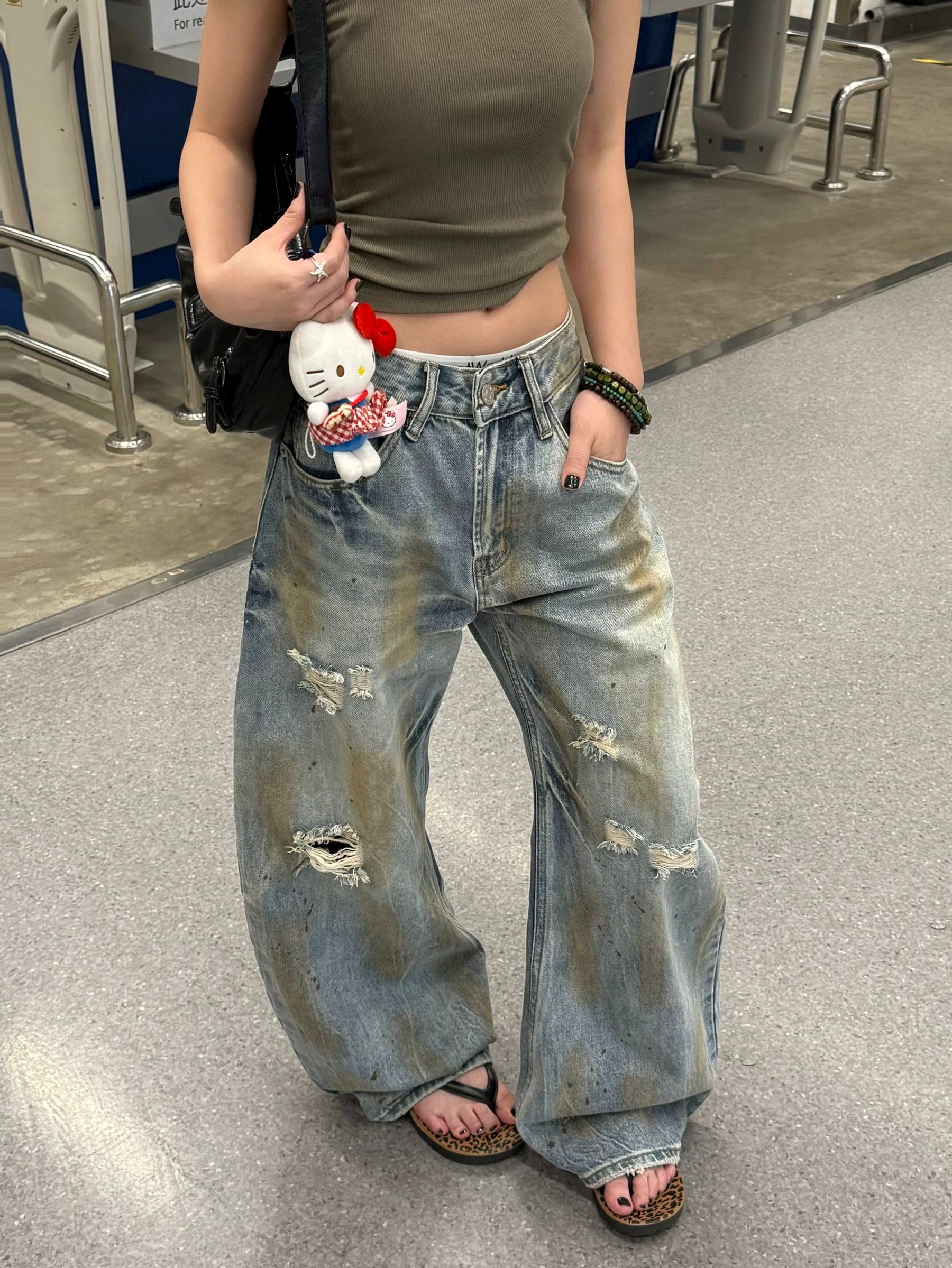 KOIISLE Distressed Dirty Wash Wide Leg Jeans – High-Waisted Loose Fit Denim