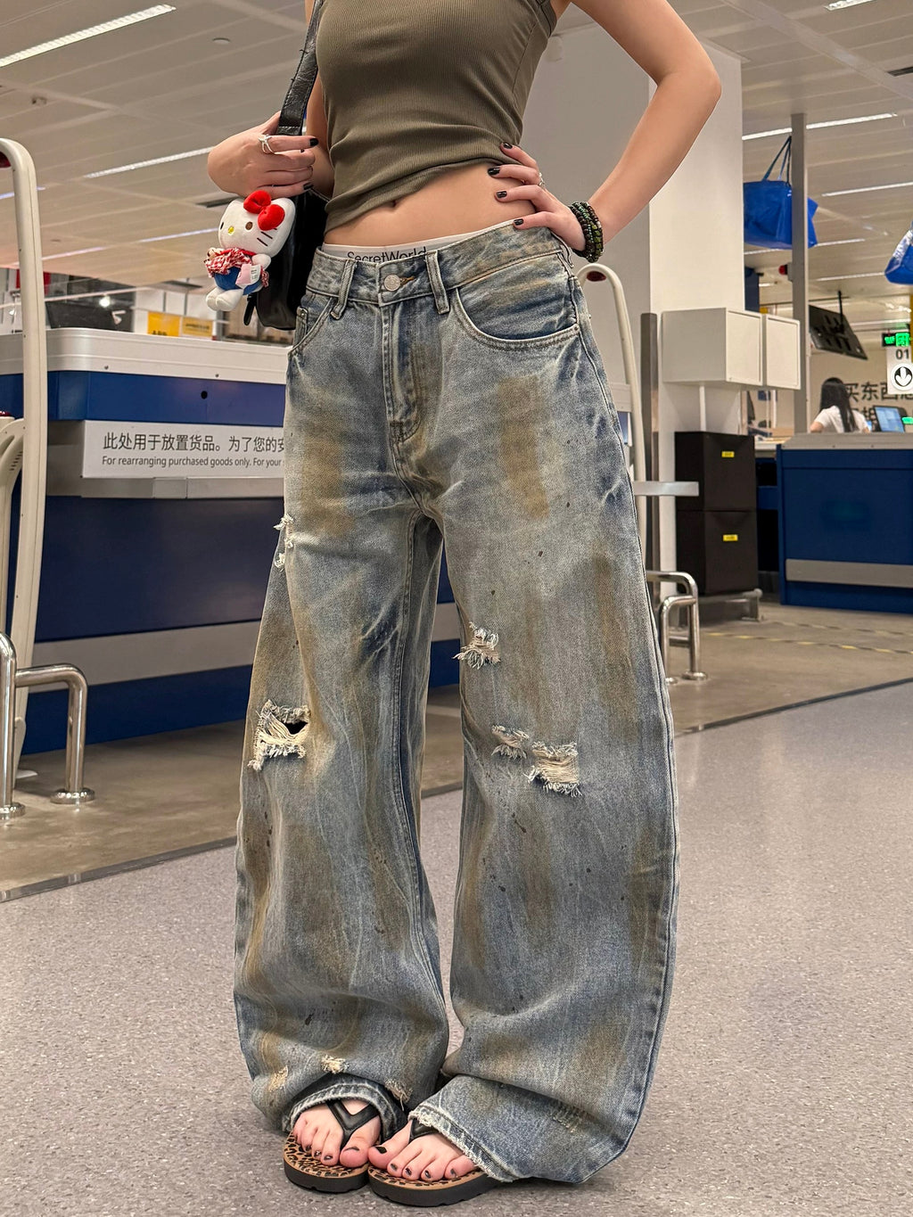 KOIISLE Distressed Dirty Wash Wide Leg Jeans – High-Waisted Loose Fit Denim