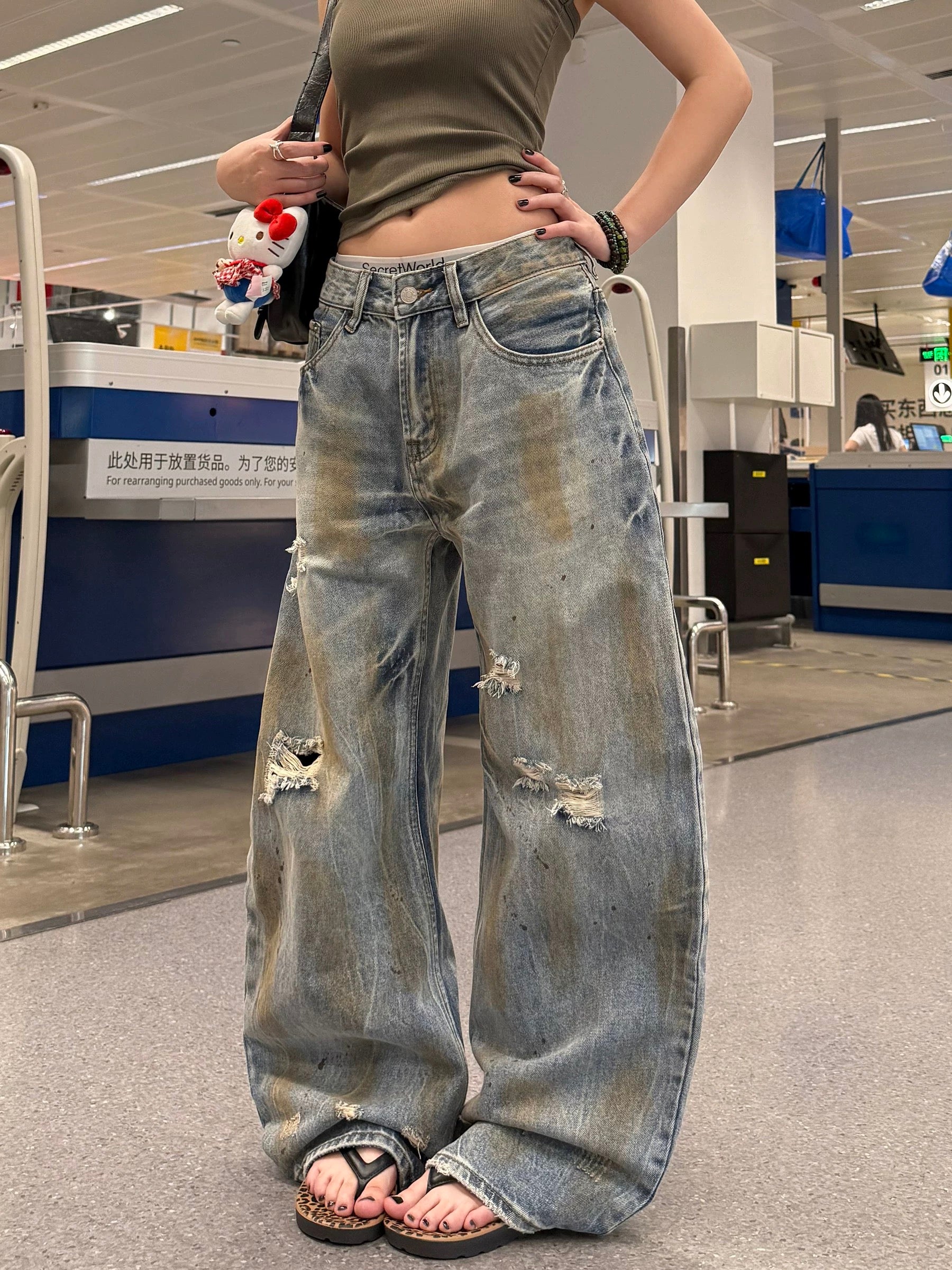 KOIISLE Distressed Dirty Wash Wide Leg Jeans – High-Waisted Loose Fit Denim