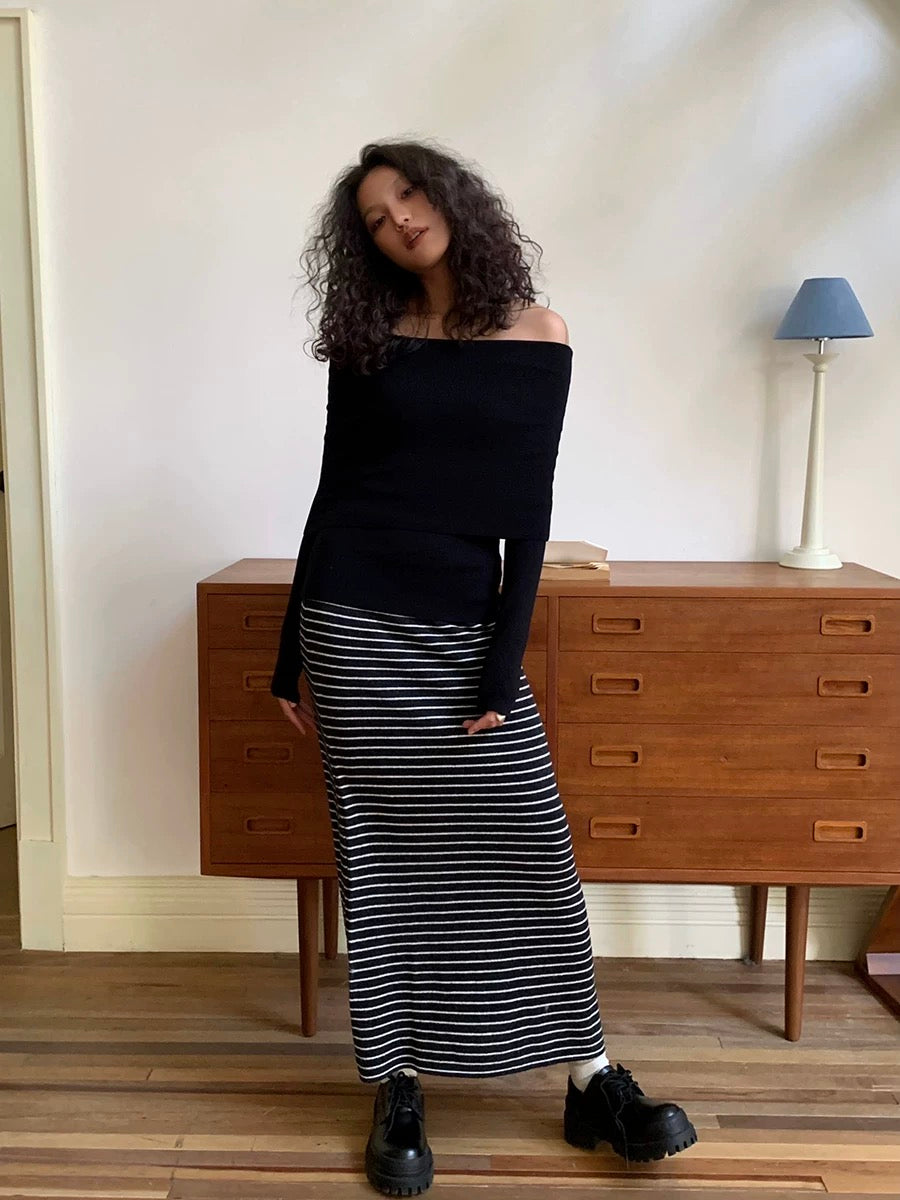 GOGO BURN Striped Knit Maxi Skirt
