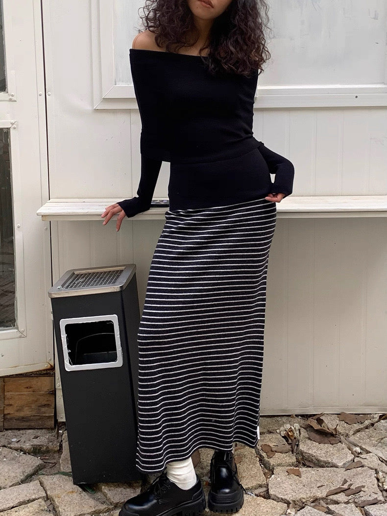 GOGO BURN Striped Knit Maxi Skirt