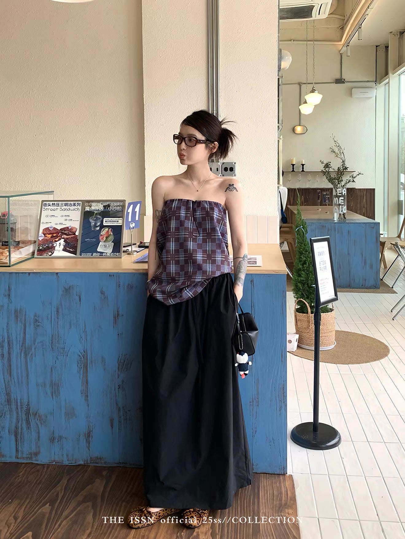 Ningsi Plaid Drawstring Tube Top/Skirt