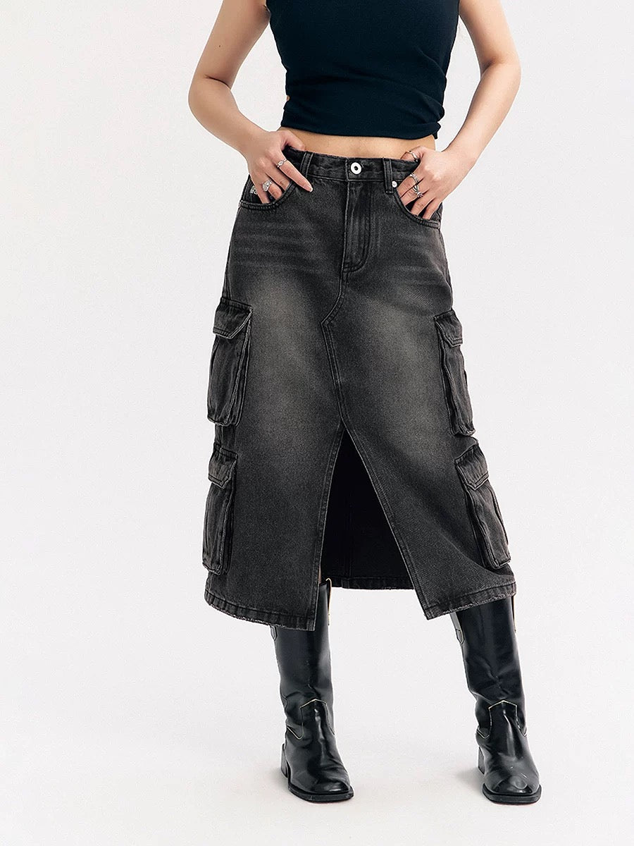 NO ONE ELSE Black Denim Midi/Maxi Skirt for Women, with Pockets and Slit