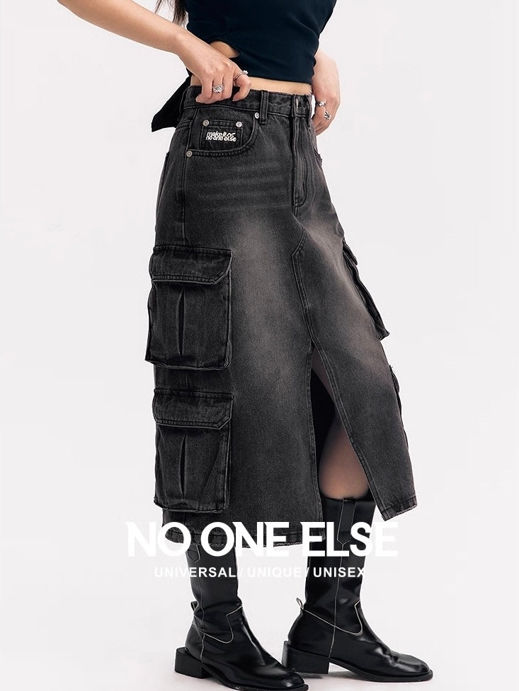 NO ONE ELSE Black Denim Midi/Maxi Skirt for Women, with Pockets and Slit