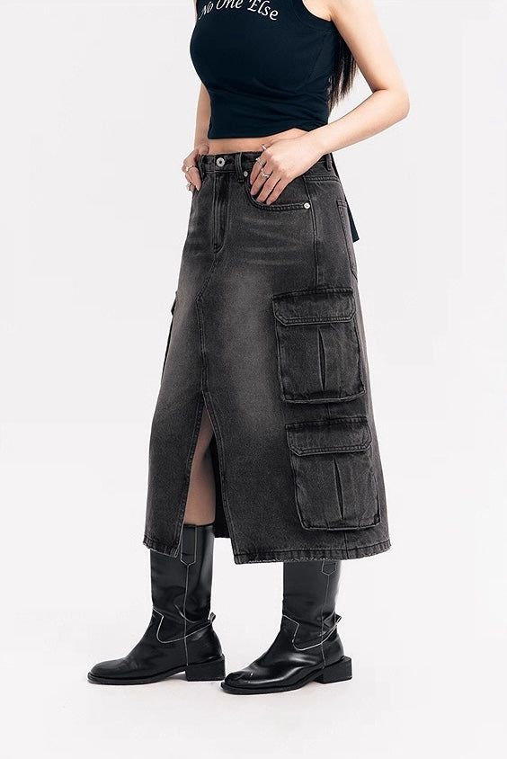 NO ONE ELSE Black Denim Midi/Maxi Skirt for Women, with Pockets and Slit