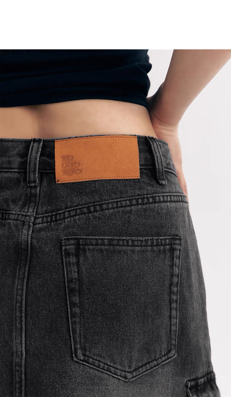 NO ONE ELSE Black Denim Midi/Maxi Skirt for Women, with Pockets and Slit
