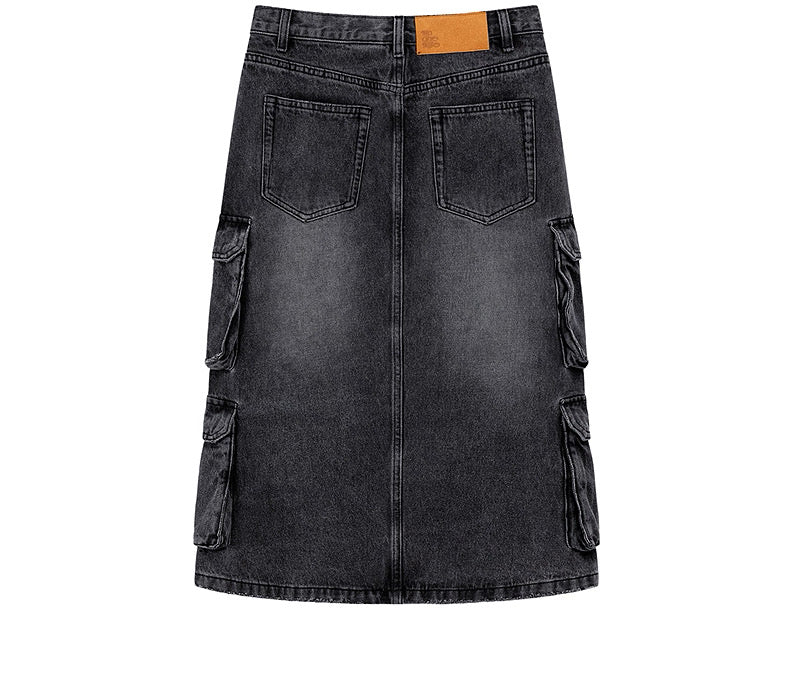 NO ONE ELSE Black Denim Midi/Maxi Skirt for Women, with Pockets and Slit