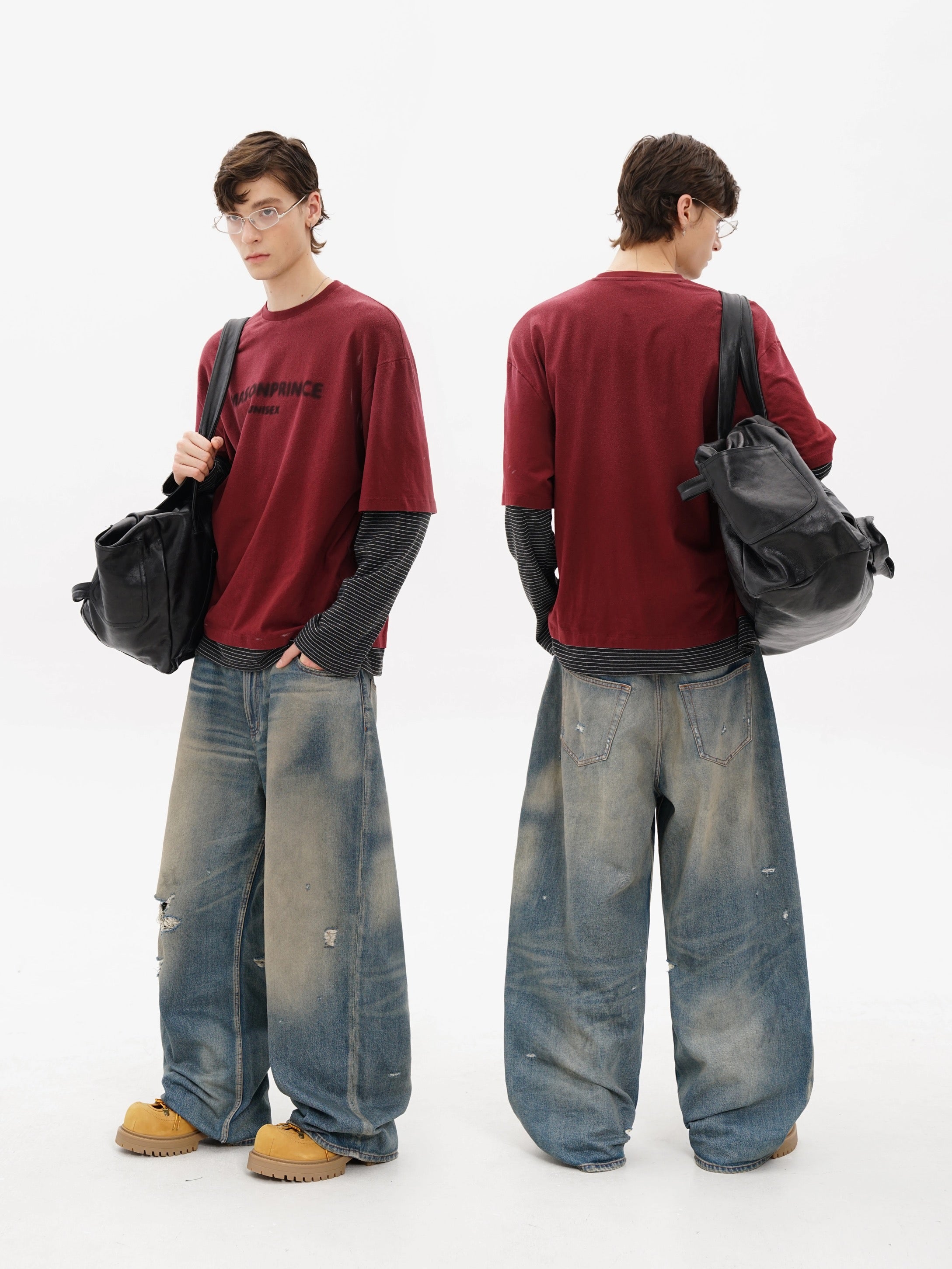 MASONPRINCE Unisex Distressed Striped Faux Two-Piece Long-Sleeve Top