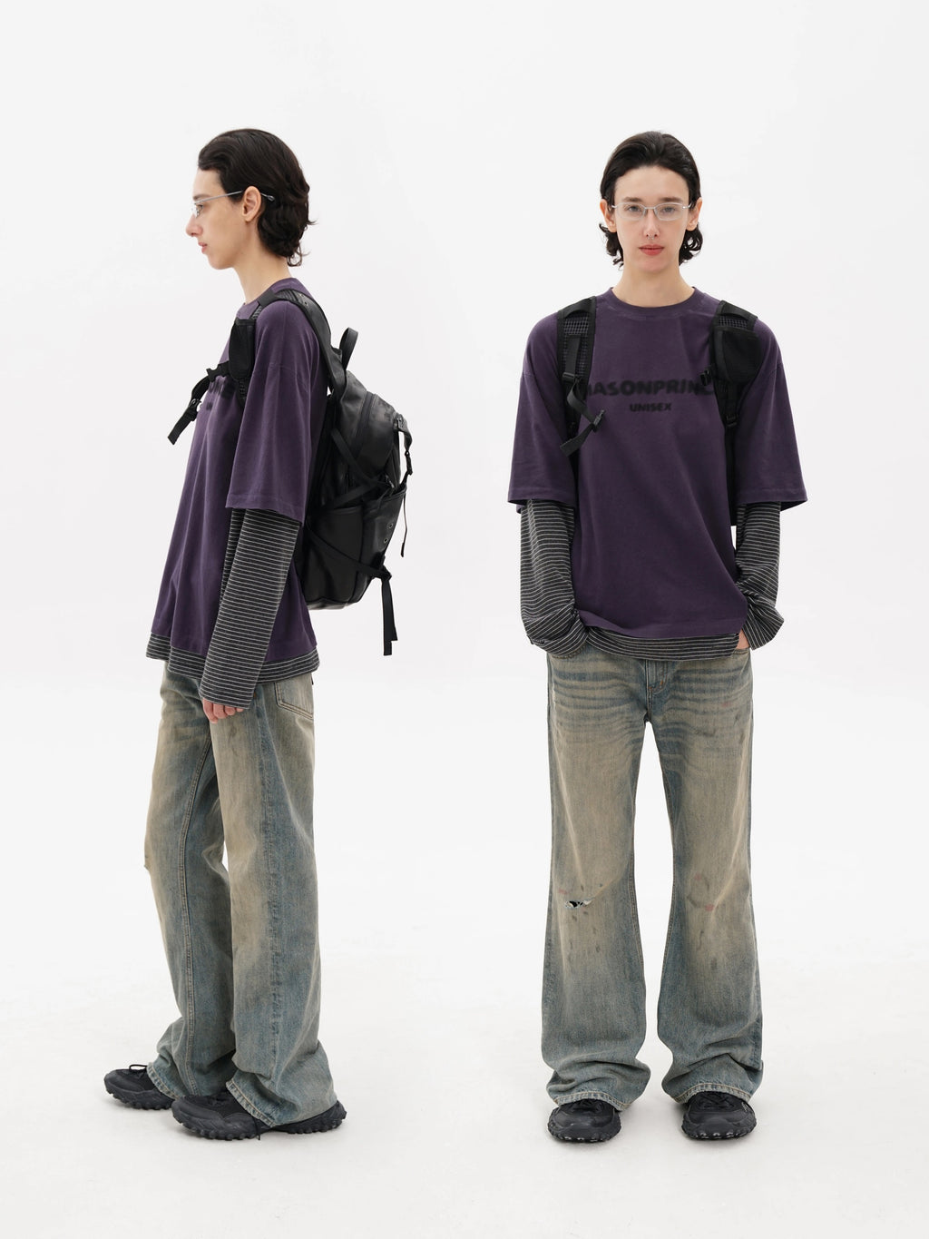 MASONPRINCE Unisex Distressed Striped Faux Two-Piece Long-Sleeve Top