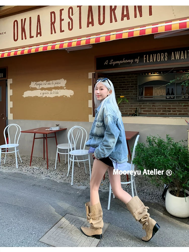 Mooreyu Atelier Wide Calf Pointed Toe Suede Slouchy Boots