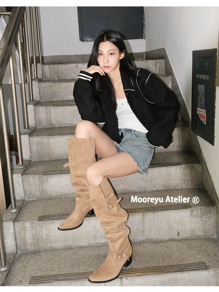 Mooreyu Atelier Wide Calf Pointed Toe Suede Slouchy Boots