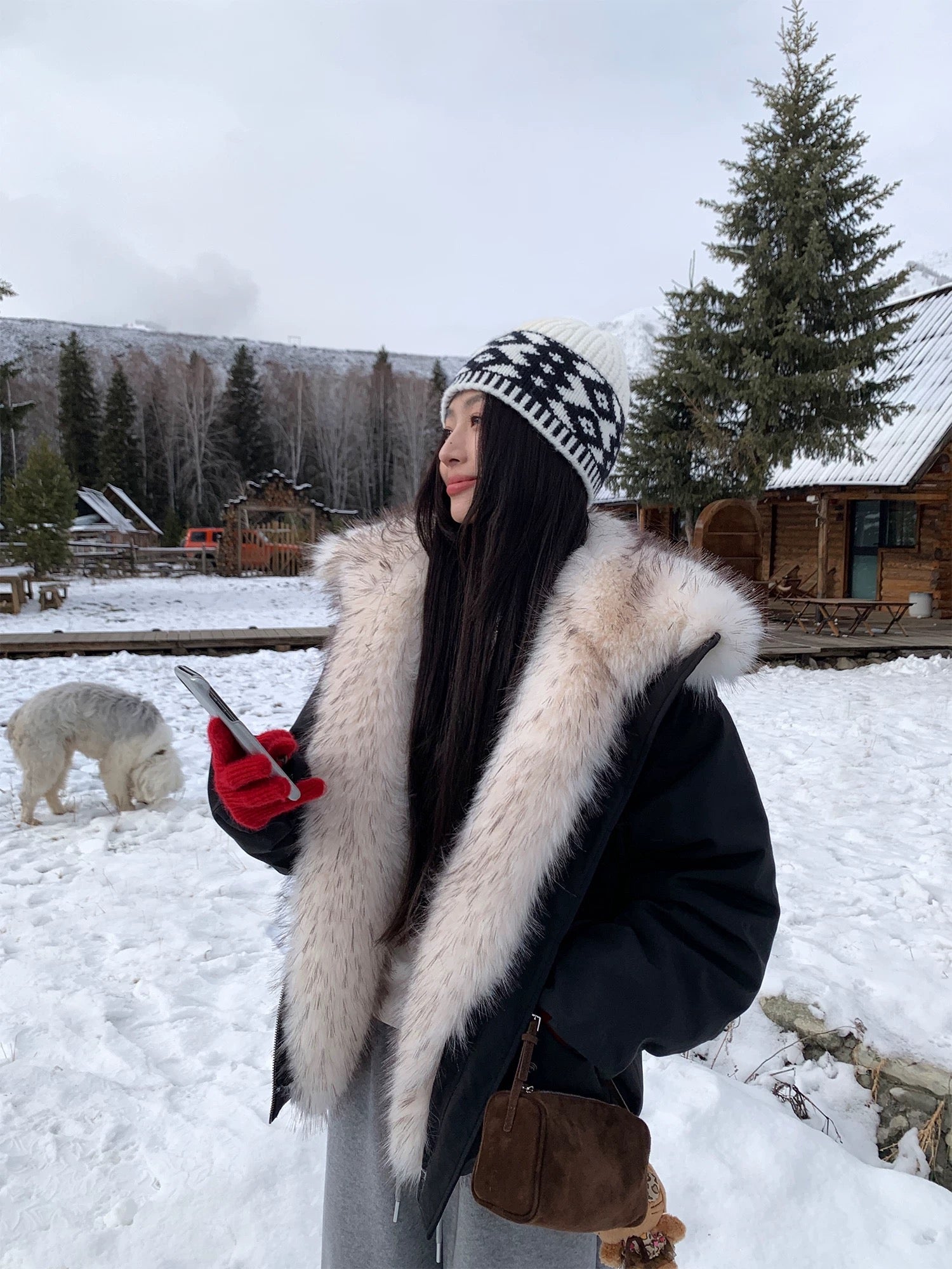 Pusumede Faux Fur Collar Feather Down Jacket - Loose Fit Warm Parka