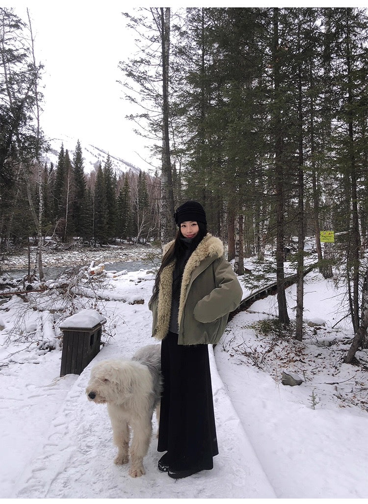 Pusumede Faux Fur Collar Feather Down Jacket - Loose Fit Warm Parka