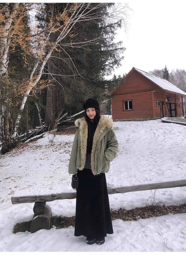 Pusumede Faux Fur Collar Feather Down Jacket - Loose Fit Warm Parka
