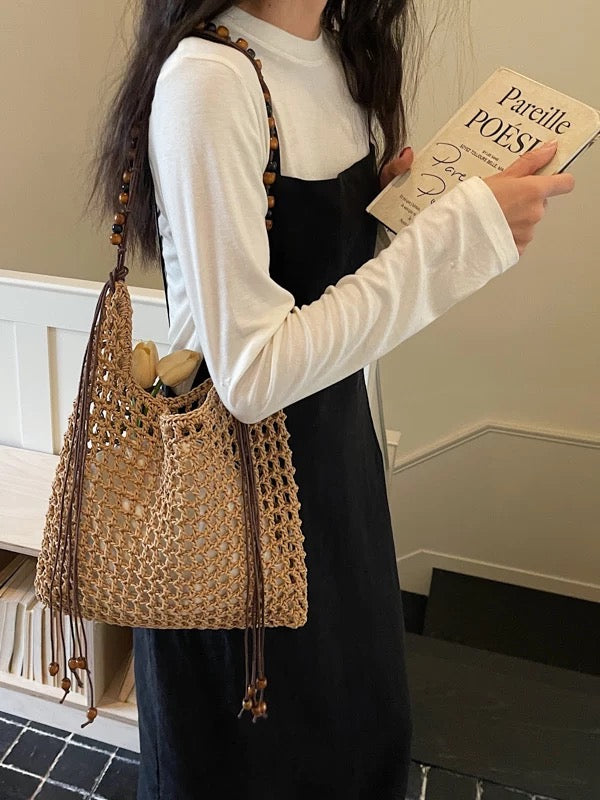 Vacation Style Woven Straw Shoulder Bag with Beaded Fringe