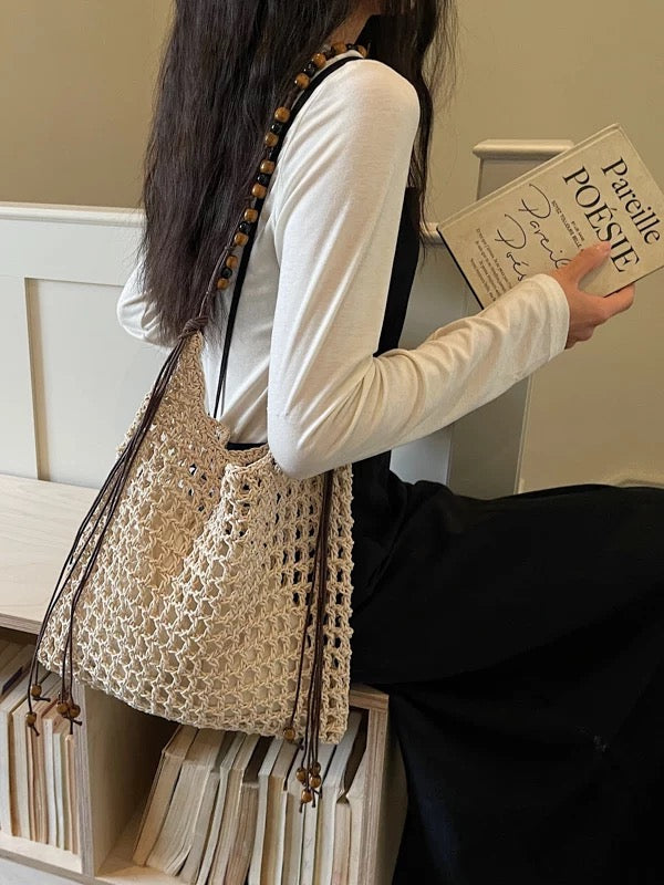 Vacation Style Woven Straw Shoulder Bag with Beaded Fringe