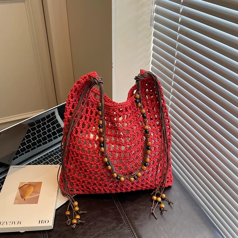 Vacation Style Woven Straw Shoulder Bag with Beaded Fringe