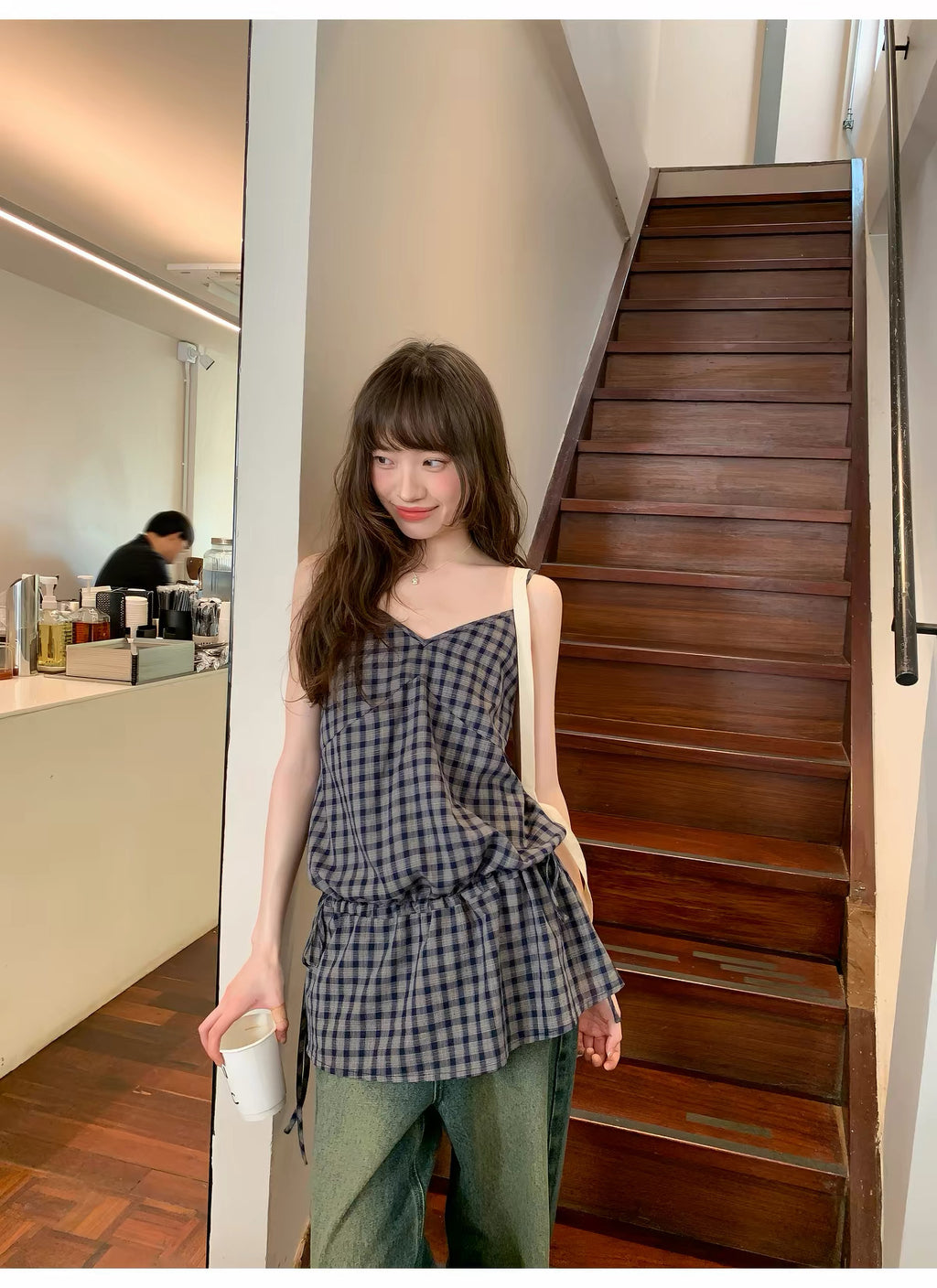 KANO Tie-Waist Plaid Long Camisole Top
