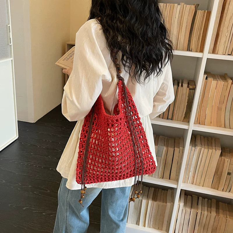 Woven shoulder bag top detail hollow openwork design