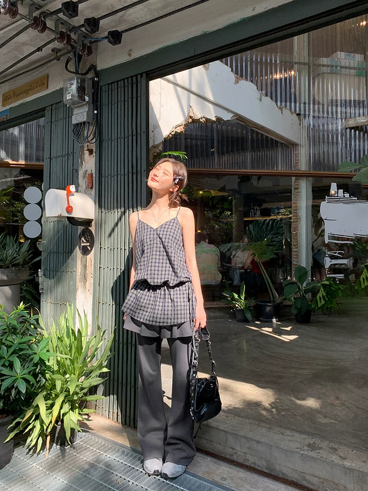 KANO long camisole top full length view navy plaid
