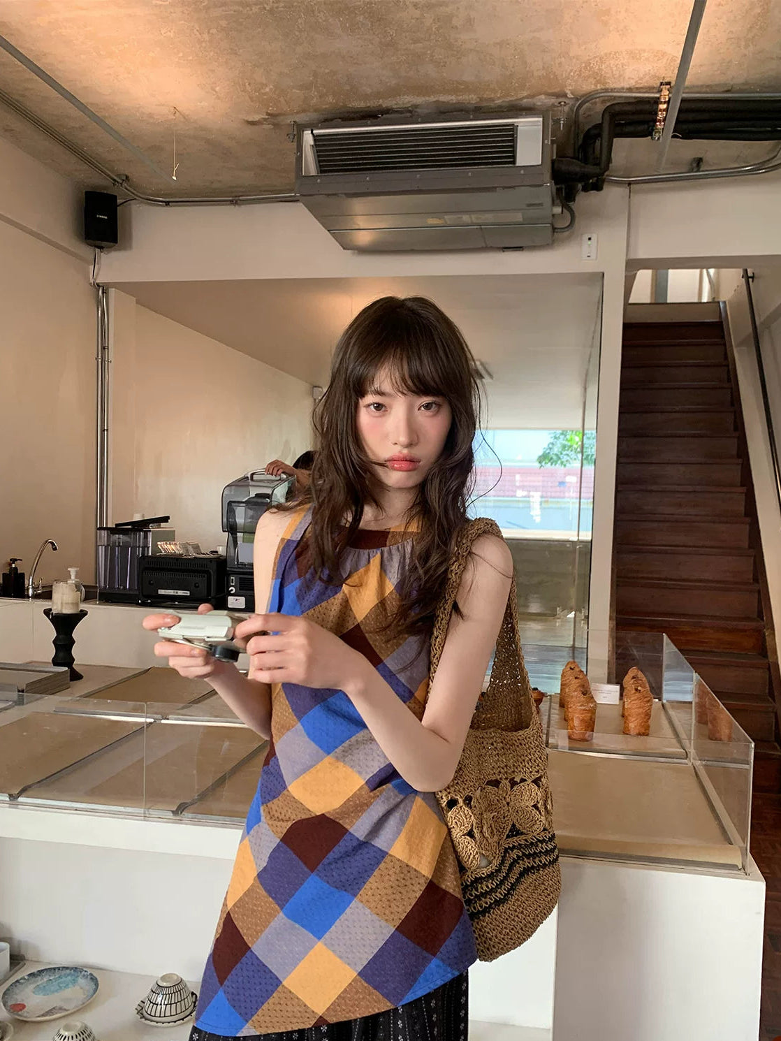 KANO vintage plaid halter neck tank top front view