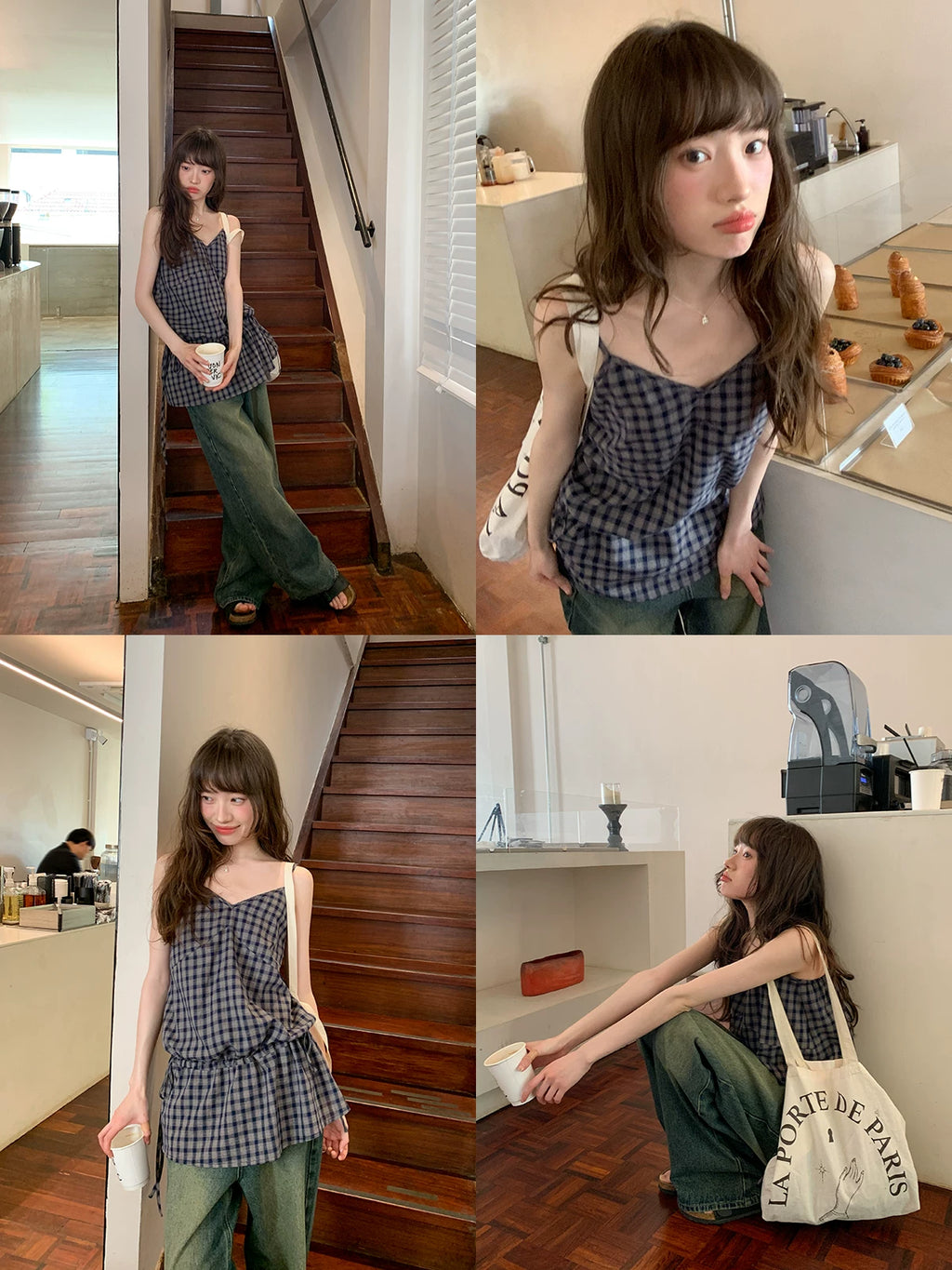 KANO plaid camisole top side view tie-waist detail