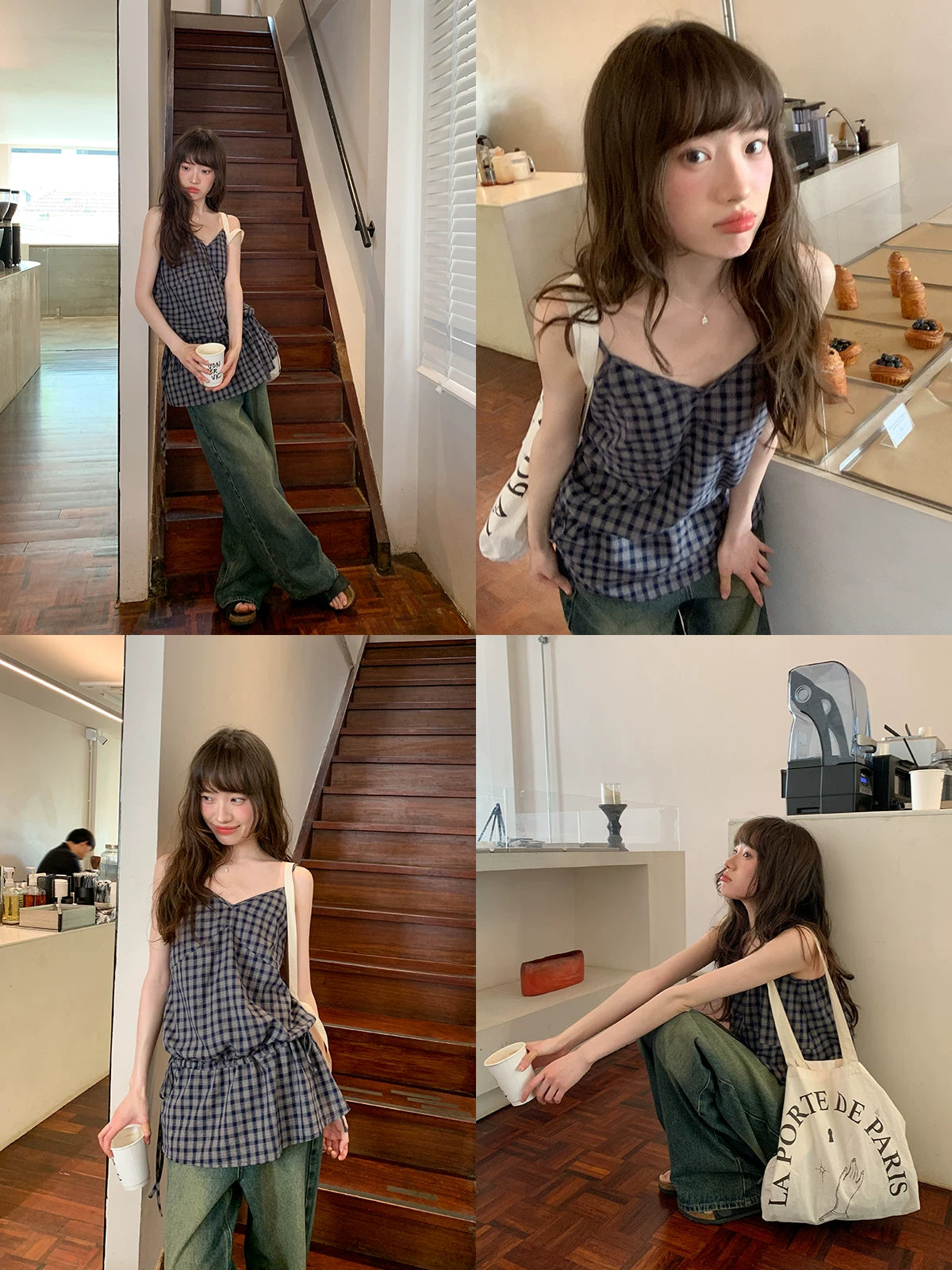 KANO plaid camisole top side view tie-waist detail