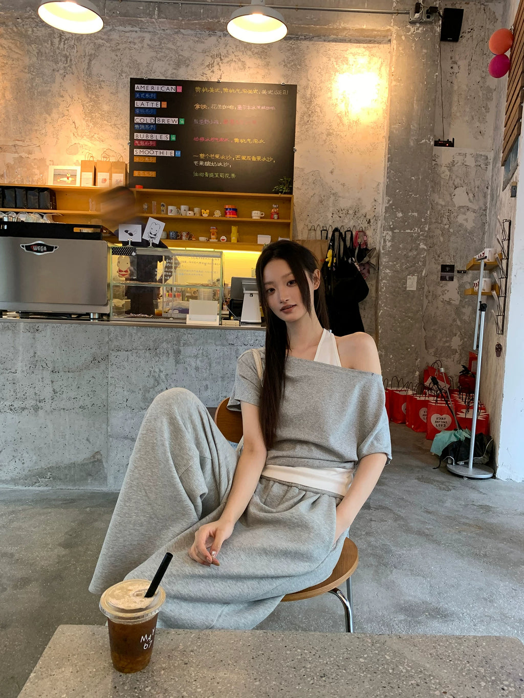 HRG Style faux two-piece off-shoulder cropped T-shirt light grey front view